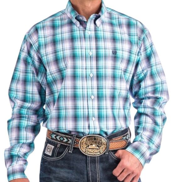 Cinch Men's Plaid Long Sleeve Button Down Western Shirt Turquoise Lilac Size 2XL - Picture 3 of 14